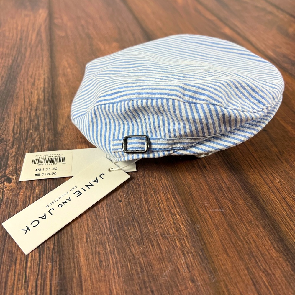 NWT Janie and Jack 0-6 mon boy blue stripe pin tucking newsieboy driver cap hat